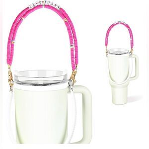 Hot Pink Stanley Cup Holder with strap with love Story spelled out.